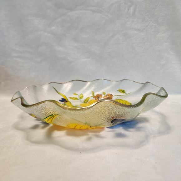 Gorgeous Reverse Painted Vtg. Ruffled Edge Gilt Trimmed Pebbled Bowl Yellow Blue - Picture 8 of 10